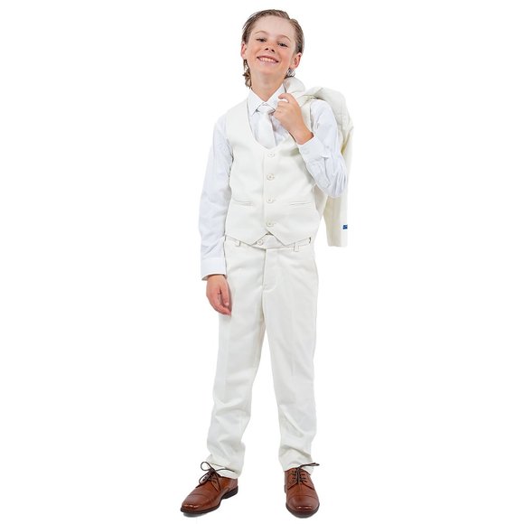 5-Piece Perry Ellis Portfolio Boys Slim Fit Solid Suit, Off-White - Picture 4 of 6